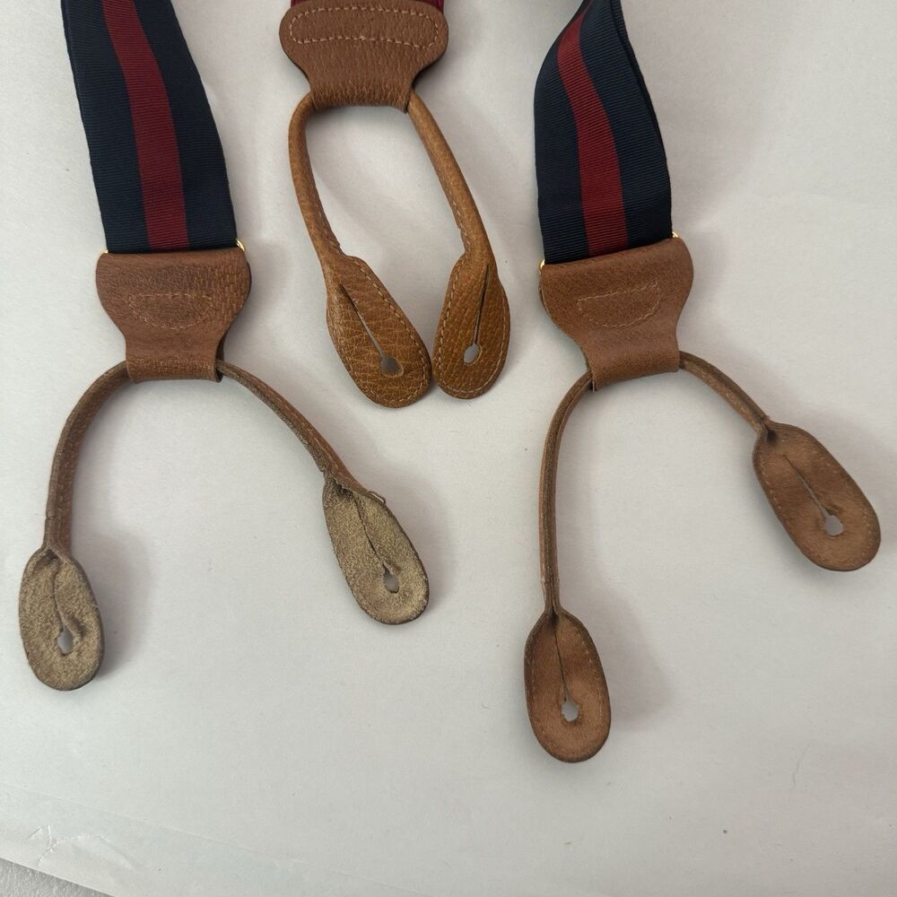 Trafalger Textured Navy Red Stripes Suspenders Gold Hardware Leather Attachments - Picture 11 of 12